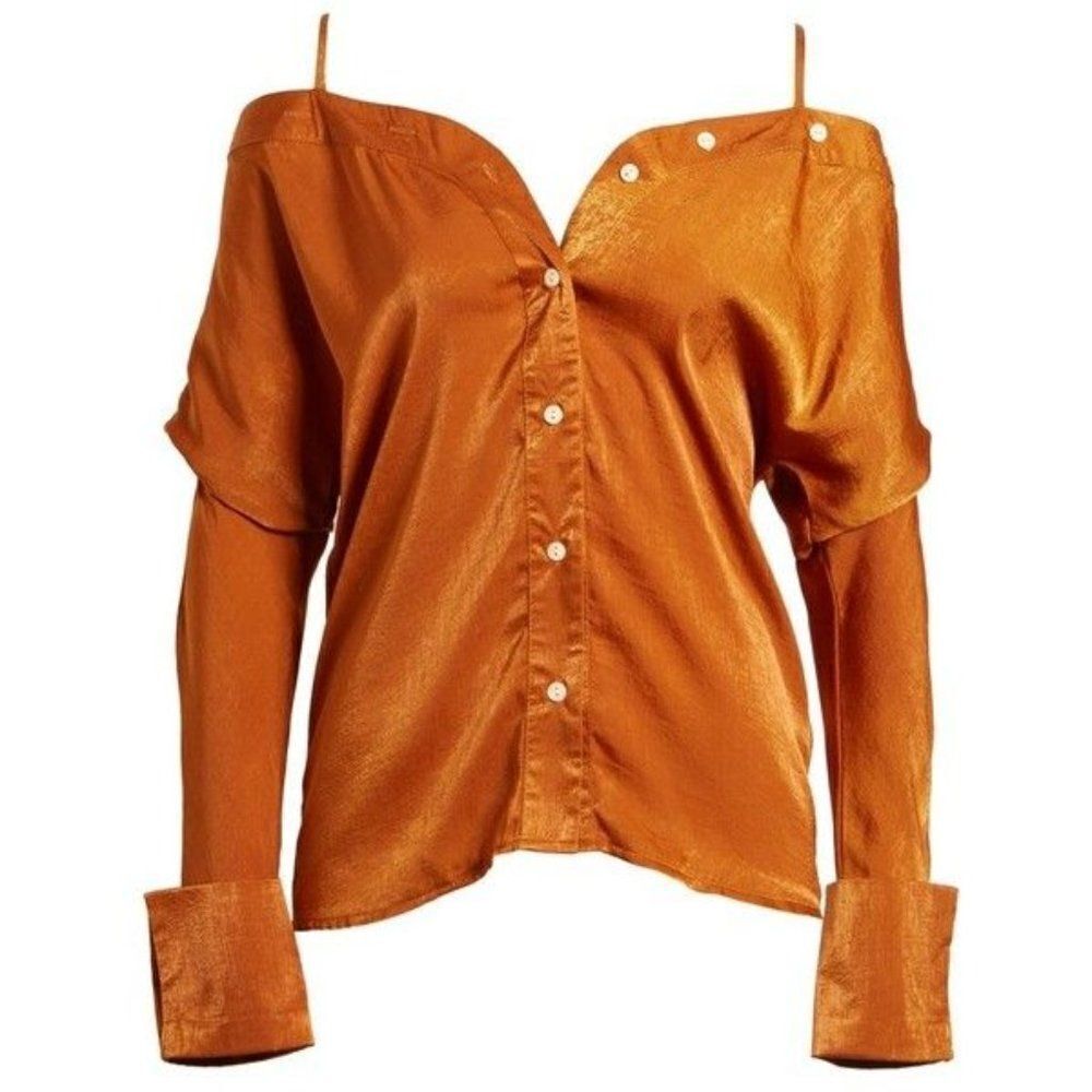 NEW! Alpha & Omega | Satin Cold Shoulder Button Front Blouse - size XL in Copper